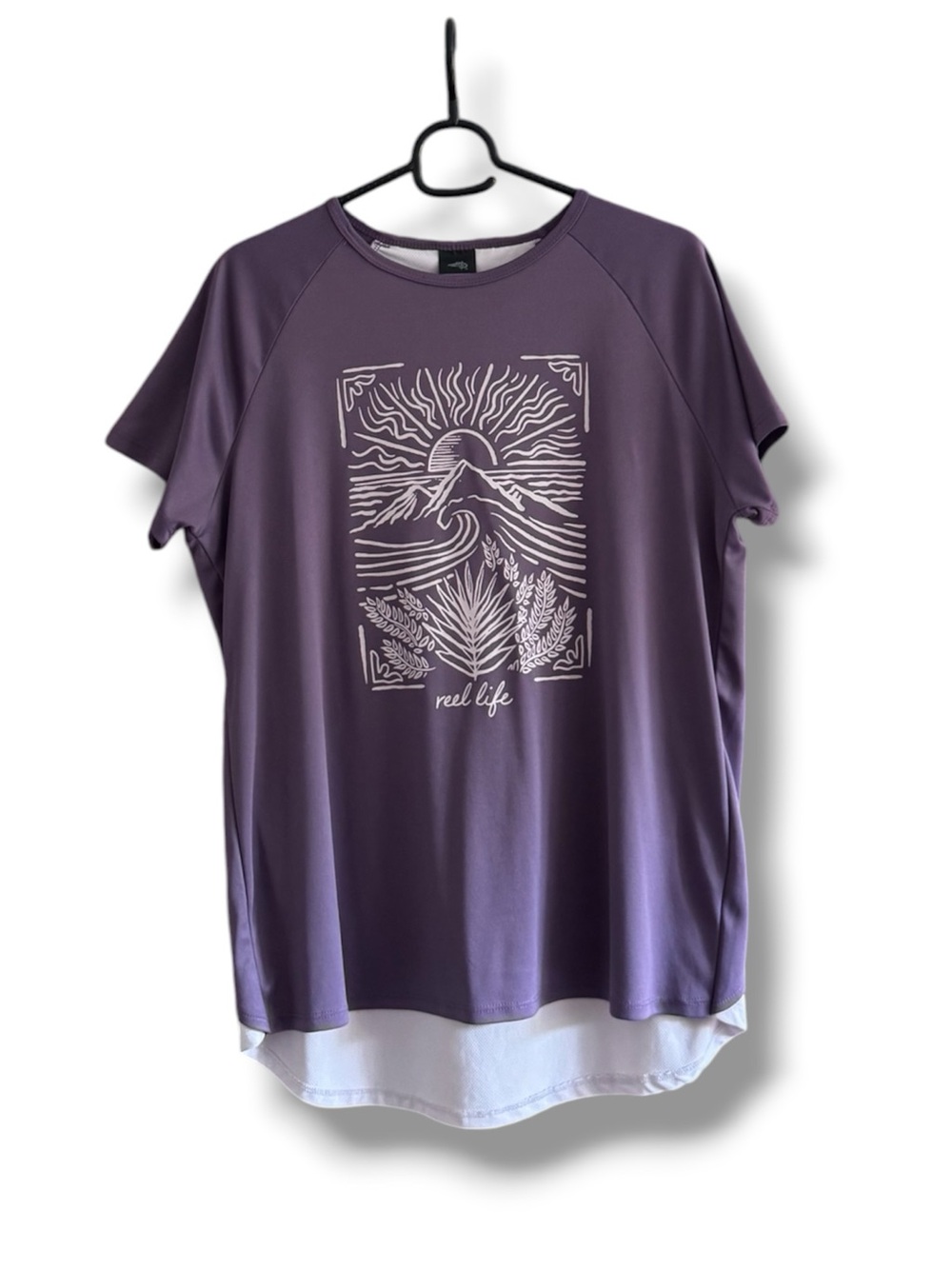Reel Life Women's Purple Graphic Short Sleeve Top Mesh Back Used with Care